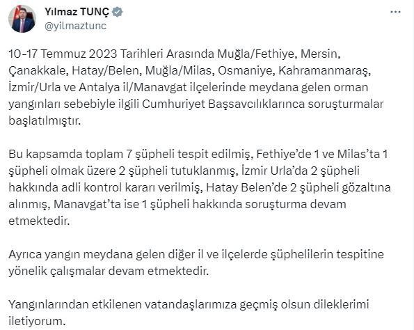 Bakan Tunç duyurdu! 8 ildeki orman yangınlarıyla ilgili 7 şüpheli tespit edildi