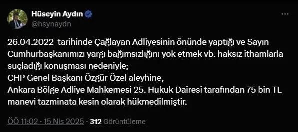 Son dakika: CHP Genel Başkanı Özel 75 bin TL tazminata mahkum edildi!