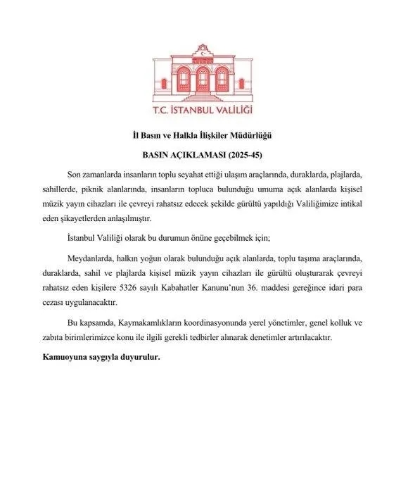 İstanbul Valiliği uyardı! Kamusal alanda yüksek sesle müzik dinleyenlere para cezası