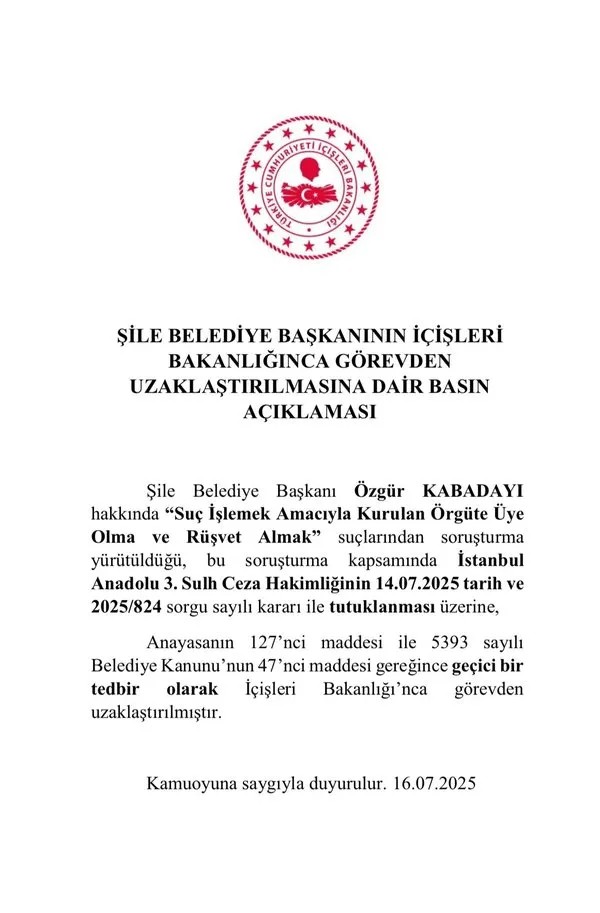 Son Dakika: Şile Belediye Başkanı görevden uzaklaştırıldı