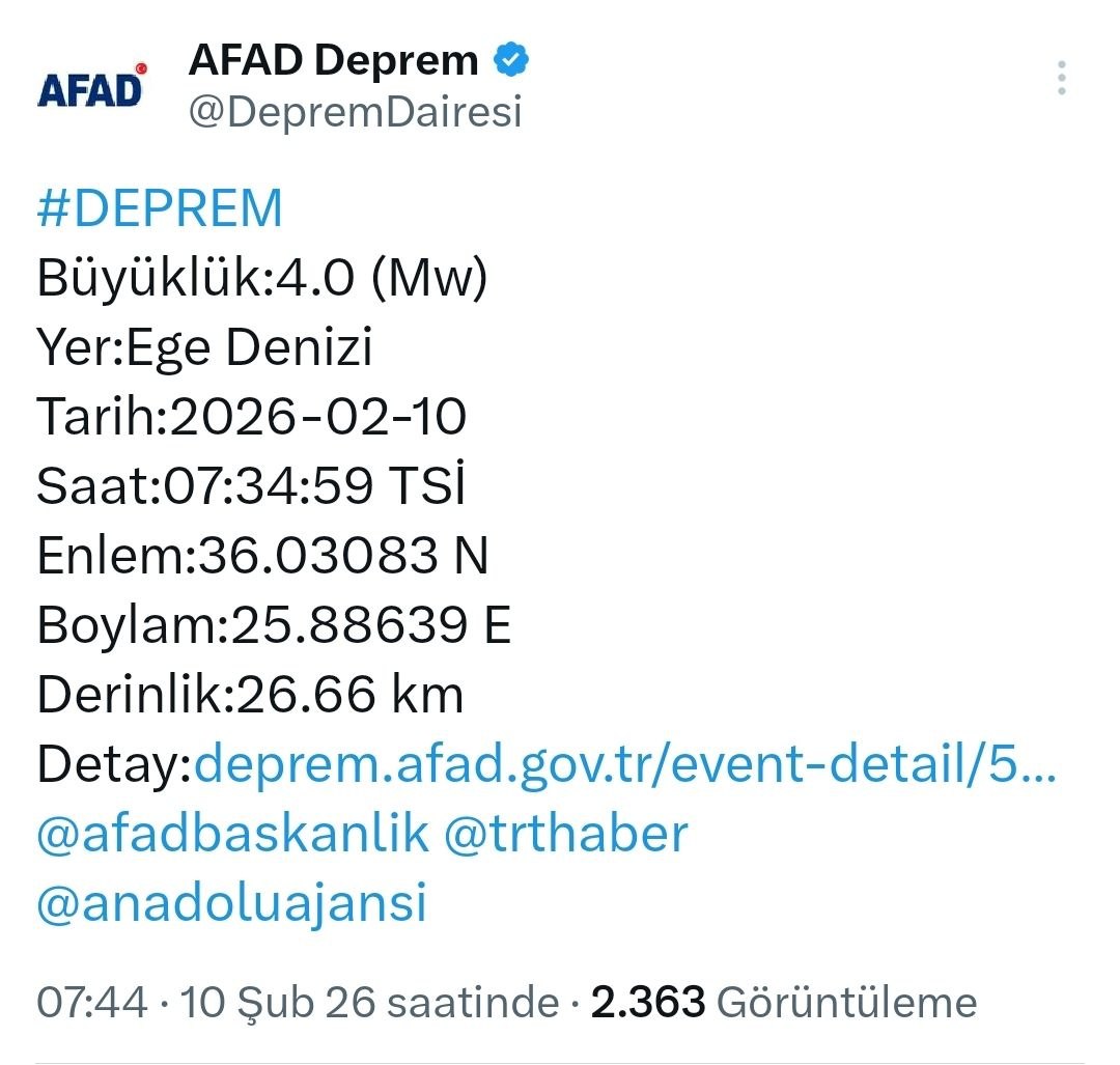 Ege’de 4 büyüklüğünde deprem