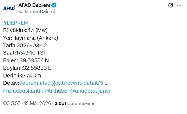 Ankara’da 4.1 büyüklüğünde deprem!