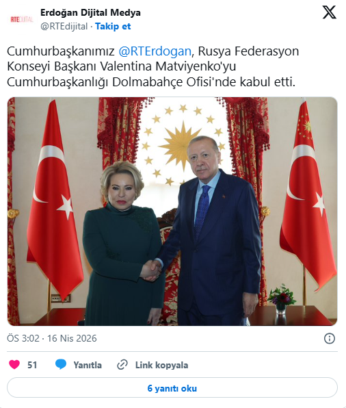 Başkan Erdoğan, Rusya Federasyon Konseyi Başkanı Matviyenko’yu kabul etti